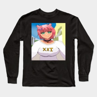 Short Pink Hair Anime Girl and Green eyes Long Sleeve T-Shirt